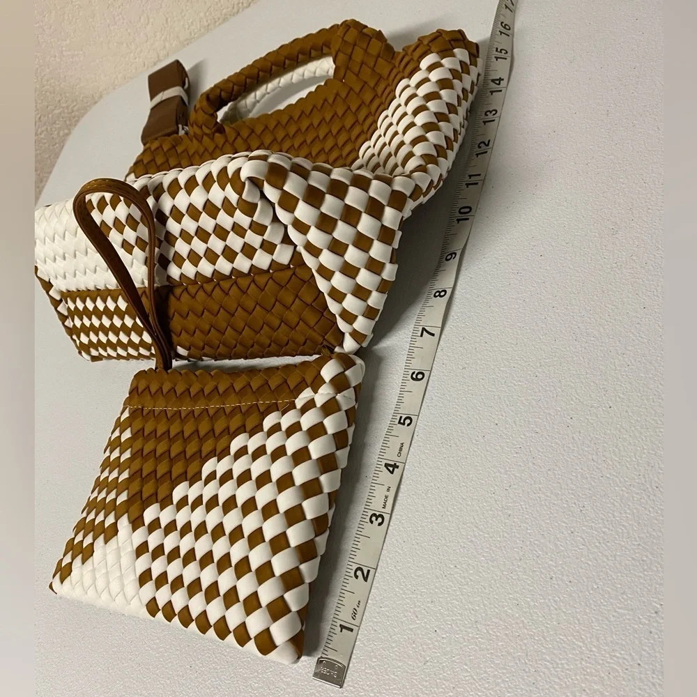 Brown and White Woven Tote Bag Set